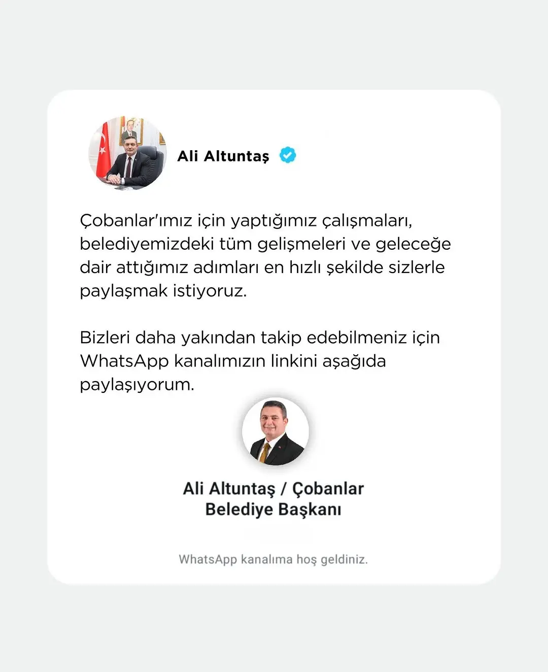 Çobanlar Belediye Başkanı Ali Altuntaş’tan WhatsApp Kanalı